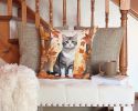 American Wirehair Cat in Fall Leaves Throw Pillow Machine Washable, Indoor Outdoor Decorative Pillow for Couch, Bed or Patio, 14Hx14W