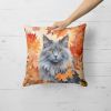Nebelung Cat in Fall Leaves Throw Pillow Machine Washable, Indoor Outdoor Decorative Pillow for Couch, Bed or Patio, 18Hx18W