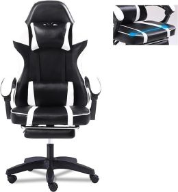 Video Game Chairs for Adults, PU Leather Gaming Chair with Footrest, 360°Swivel Adjustable Lumbar Pillow Gamer Chair (Color: White)