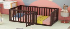Twin Size Wood Floor Bed Frame with Fence and Door