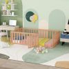 Twin Size Wood Floor Bed Frame with Fence and Door